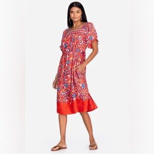 Johnny Was Jasmine Red Floral Dress Size Medium Drawstring Side Slit Embroidered